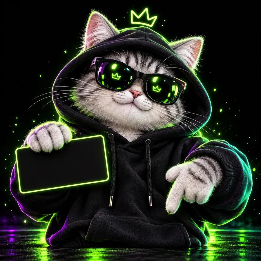Silver tabby mascot in a black hoodie and neon sunglasses, pointing down